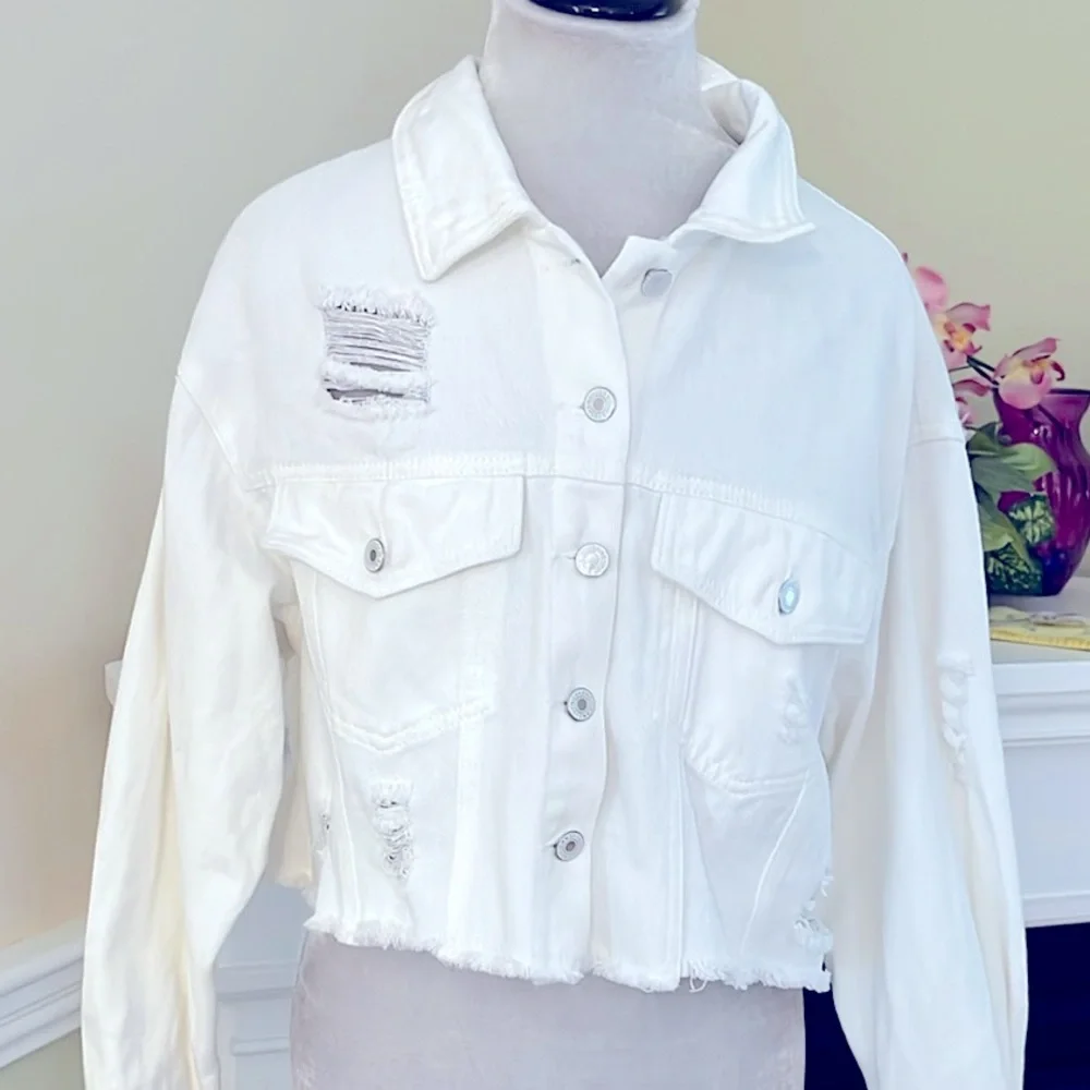 SHEIN White Jean Distressed Denim Crop Jacket S NWOT